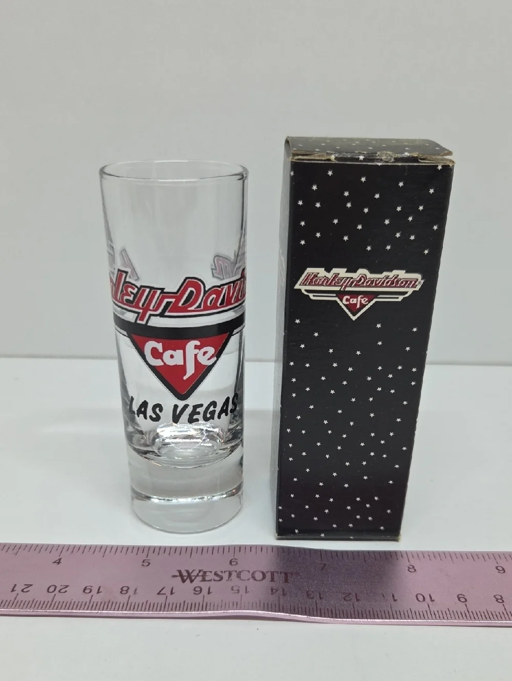 Vintage Harley-Davidson Red & Black Cafe Las Vegas Shot Glass with Box